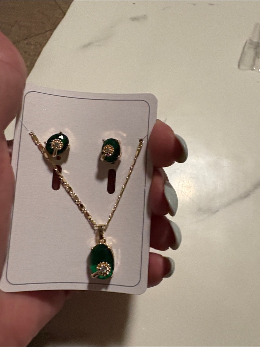 Gold-Tone Green Oval Pendant Necklace & Earrings Set